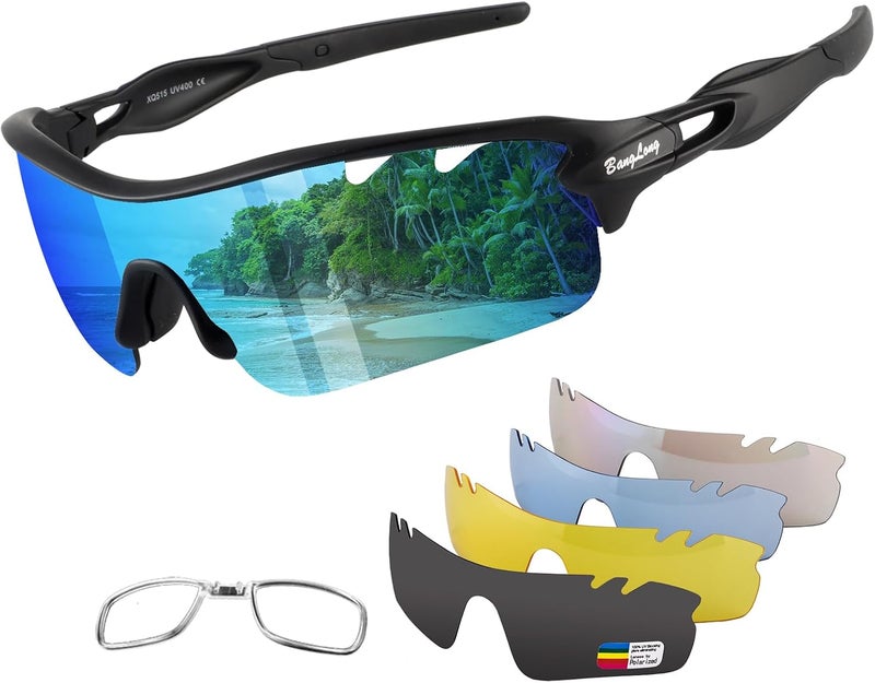 BangLong Polarized Sports Sunglasses Cycling Sun Glasses for Men Women with 5 Interchangeable Lenes for Running Baseball Golf - Image 1